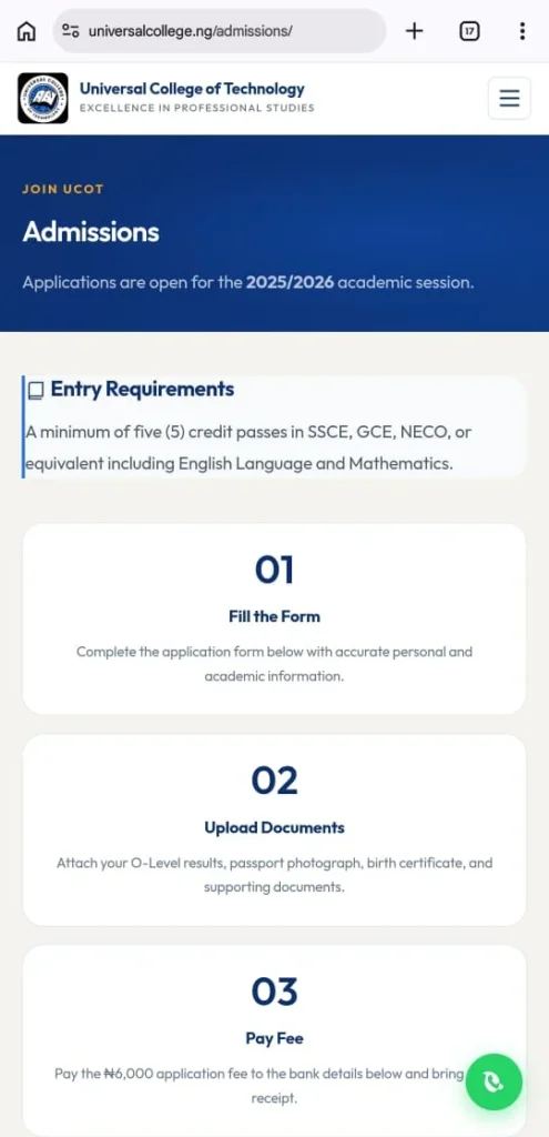 Universal College of Technology – Higher Institution Admissions Portal