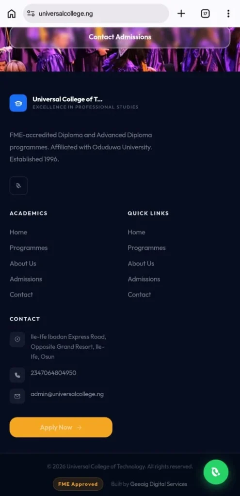 Universal College of Technology – Higher Institution Admissions Portal